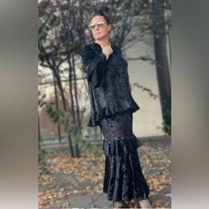 Black Velvet Ruffled Maxi Skirt - Women Skirts
